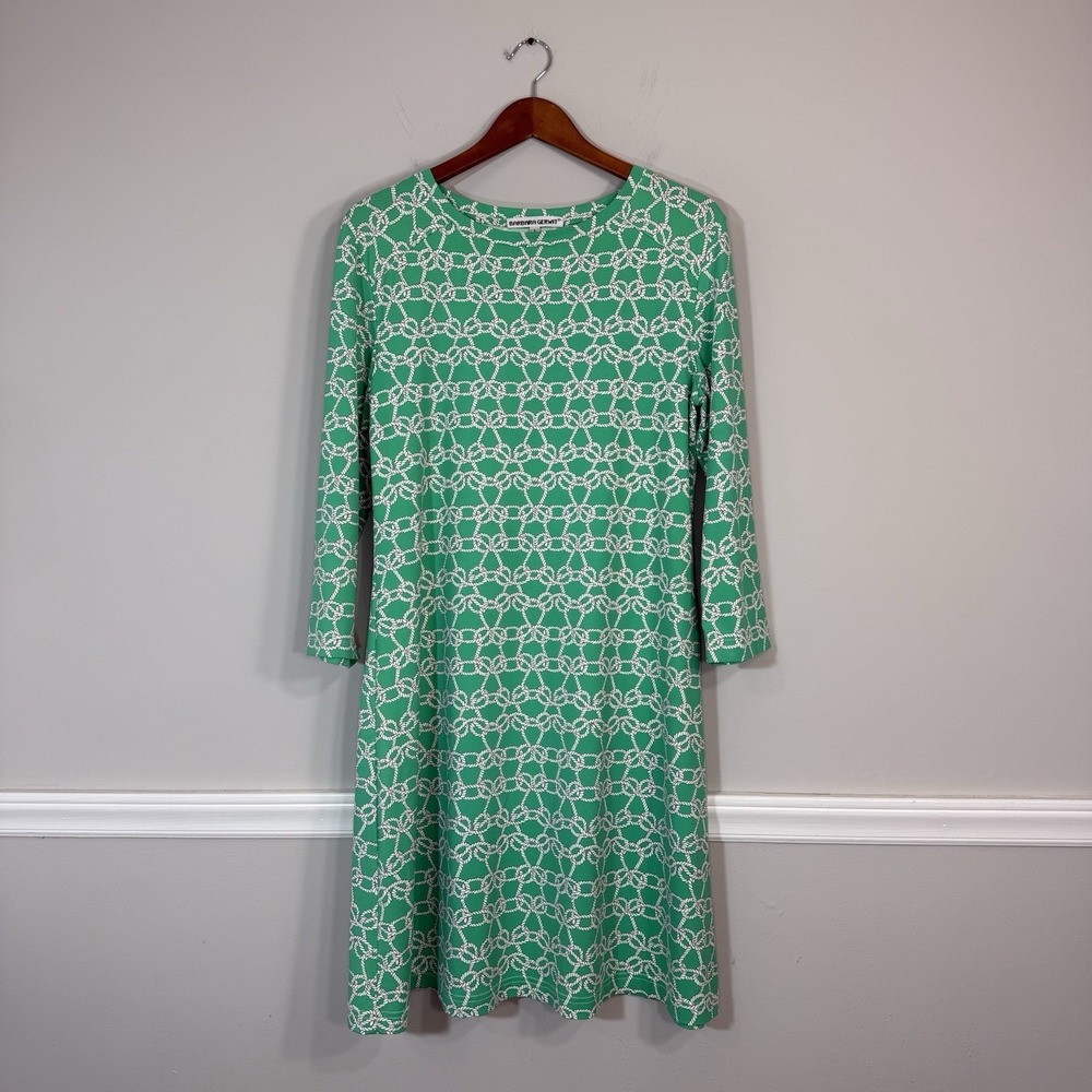 Barbara‎ Gerwit Nautical Chain Print Shift Dress Green White 3/4 Sleeve Resort